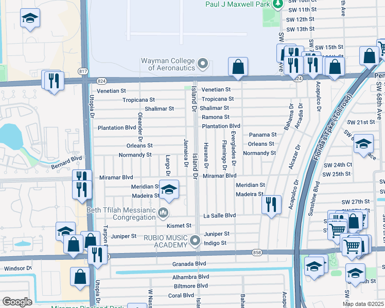 map of restaurants, bars, coffee shops, grocery stores, and more near 2311 Island Drive in Miramar