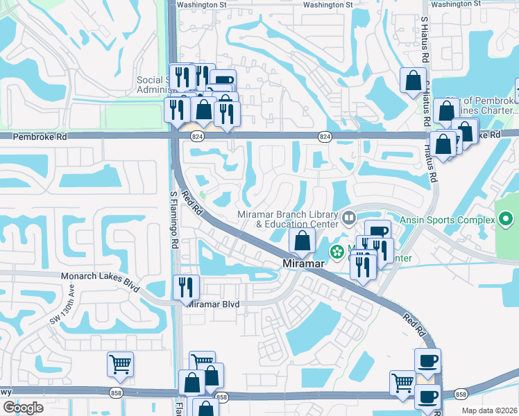 map of restaurants, bars, coffee shops, grocery stores, and more near 2011 Renaissance Boulevard in Miramar
