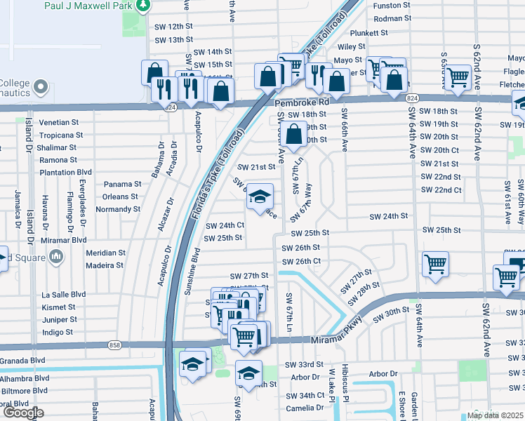 map of restaurants, bars, coffee shops, grocery stores, and more near 2310 Southwest 68th Terrace in Miramar