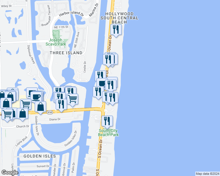 map of restaurants, bars, coffee shops, grocery stores, and more near 3803 South Ocean Drive in Hollywood