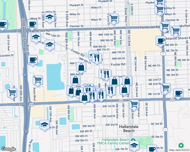 map of restaurants, bars, coffee shops, grocery stores, and more near 300 Northwest 5th Terrace in Hallandale Beach