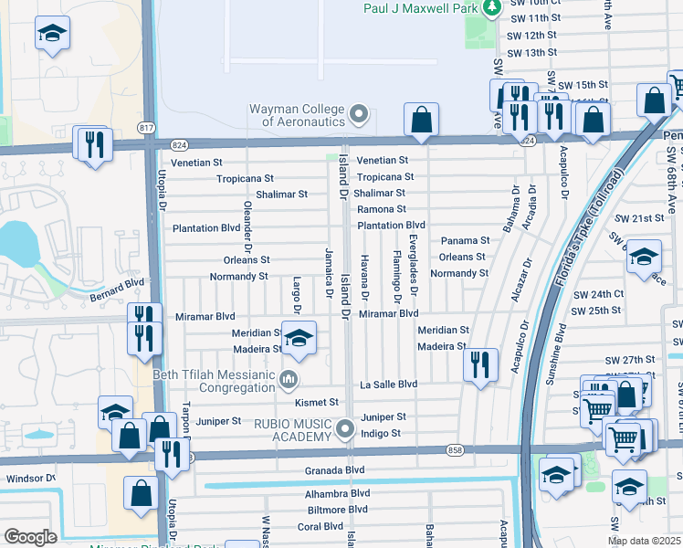 map of restaurants, bars, coffee shops, grocery stores, and more near 2311 Island Drive in Miramar