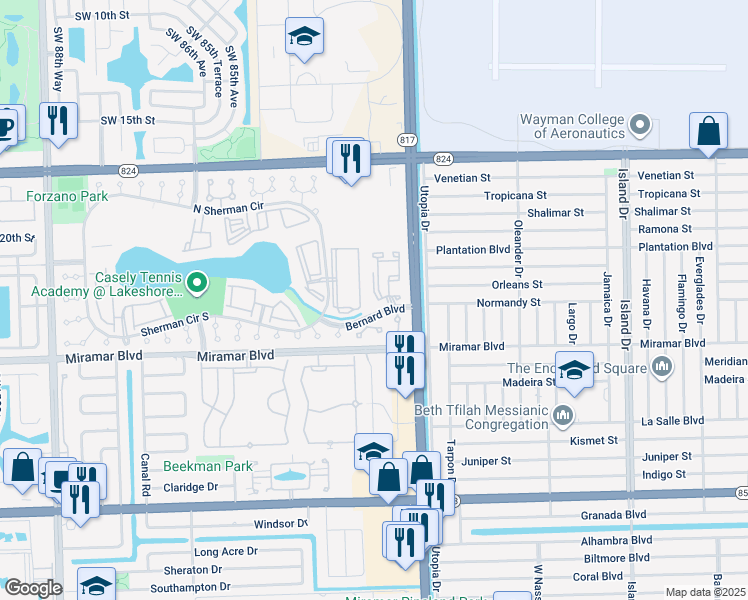 map of restaurants, bars, coffee shops, grocery stores, and more near 202 Sherman Circle Driveway in Miramar