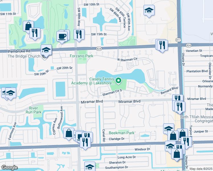 map of restaurants, bars, coffee shops, grocery stores, and more near 8632 Southwest 22nd Court in Miramar