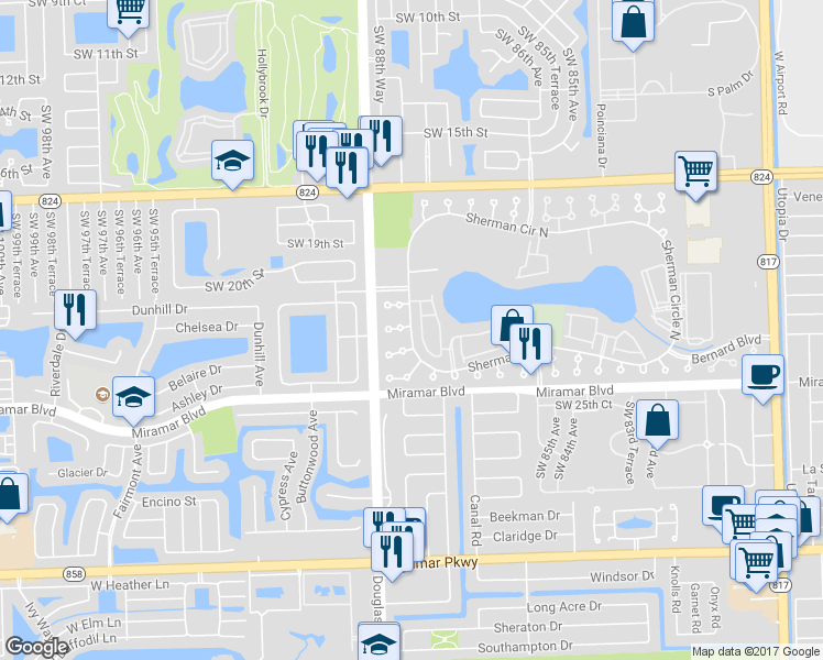 map of restaurants, bars, coffee shops, grocery stores, and more near 8810 Southwest 22nd Street in Miramar