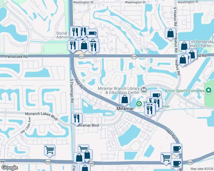 map of restaurants, bars, coffee shops, grocery stores, and more near 2011 Renaissance Boulevard in Miramar