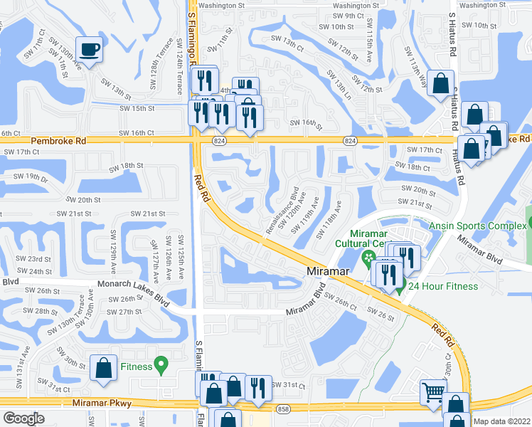 map of restaurants, bars, coffee shops, grocery stores, and more near 2011 Renaissance Boulevard in Miramar