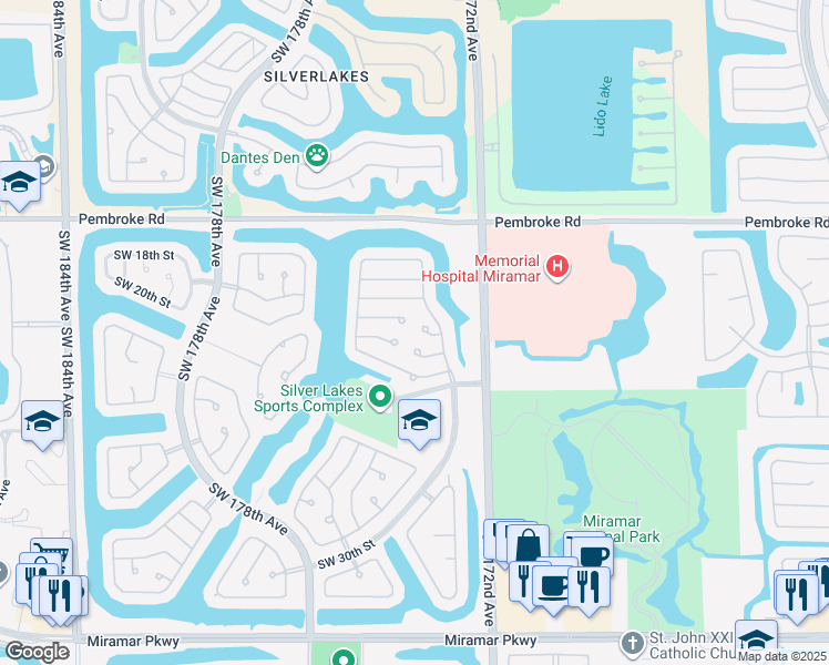 map of restaurants, bars, coffee shops, grocery stores, and more near 17359 Southwest 21st Court in Miramar