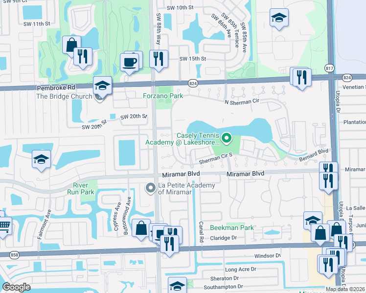 map of restaurants, bars, coffee shops, grocery stores, and more near 2262 Southwest 87th Terrace in Miramar