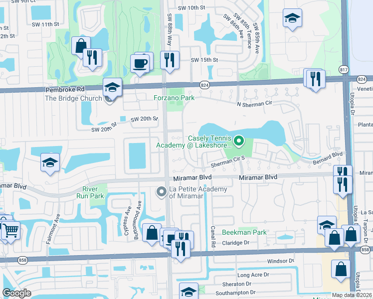 map of restaurants, bars, coffee shops, grocery stores, and more near 8810 Southwest 22nd Street in Miramar
