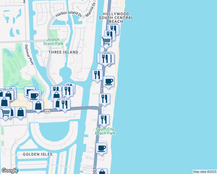 map of restaurants, bars, coffee shops, grocery stores, and more near 3803 South Ocean Drive in Hollywood