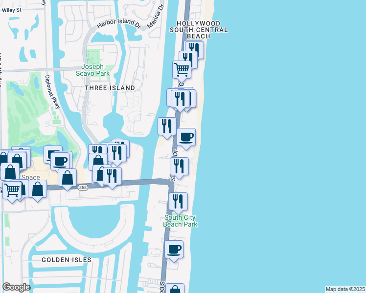 map of restaurants, bars, coffee shops, grocery stores, and more near 3803 South Ocean Drive in Hollywood