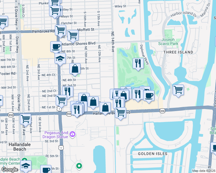 map of restaurants, bars, coffee shops, grocery stores, and more near 233 Northeast 14th Avenue in Hallandale Beach