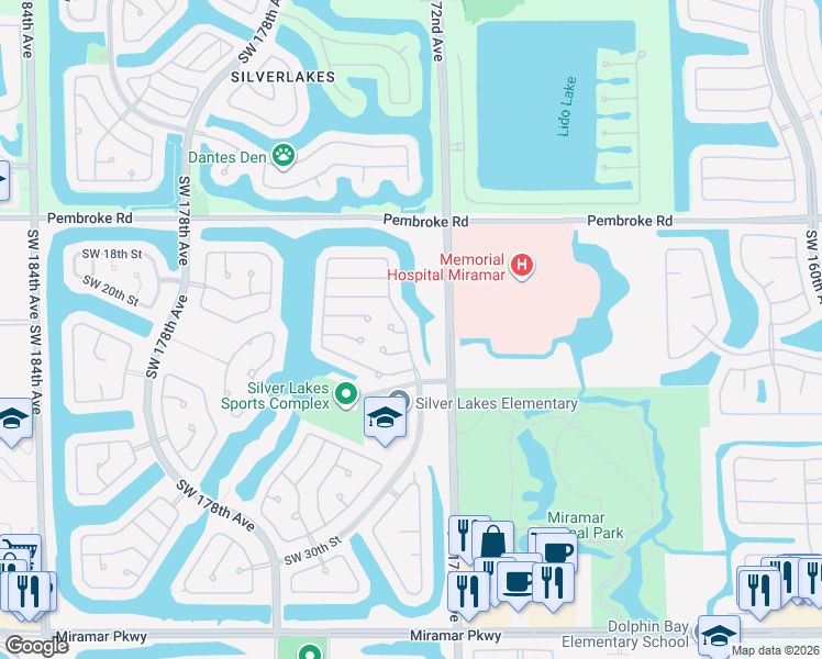 map of restaurants, bars, coffee shops, grocery stores, and more near 2103 Southwest 173rd Avenue in Miramar