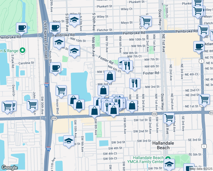 map of restaurants, bars, coffee shops, grocery stores, and more near 705 Northwest 3rd Court in Hallandale Beach