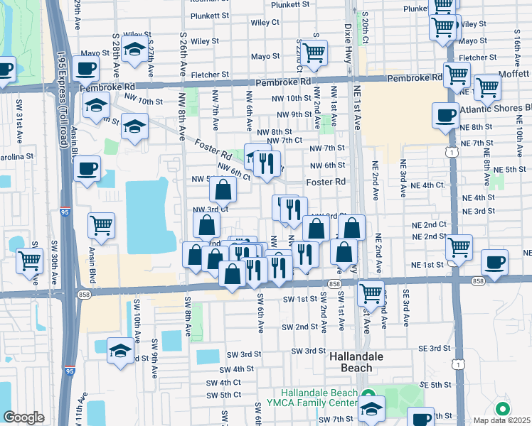 map of restaurants, bars, coffee shops, grocery stores, and more near 300 Northwest 5th Terrace in Hallandale Beach