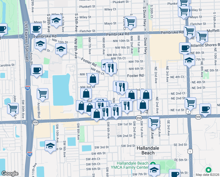 map of restaurants, bars, coffee shops, grocery stores, and more near 300 Northwest 5th Terrace in Hallandale Beach
