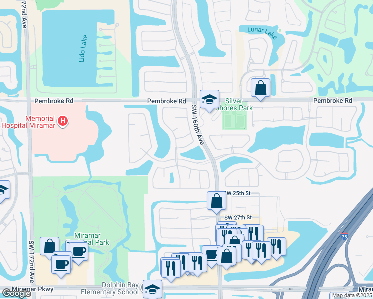 map of restaurants, bars, coffee shops, grocery stores, and more near 16250 Southwest 21st Street in Miramar