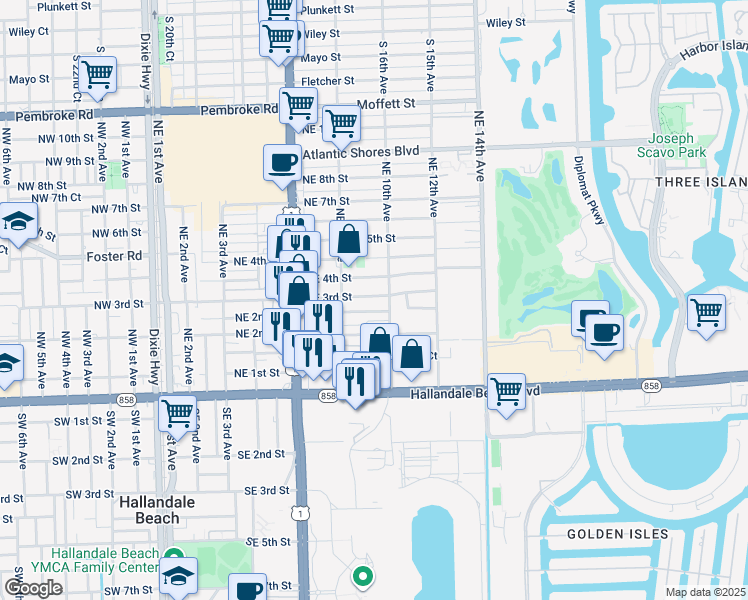 map of restaurants, bars, coffee shops, grocery stores, and more near 907 Northeast 2nd Court in Hallandale Beach