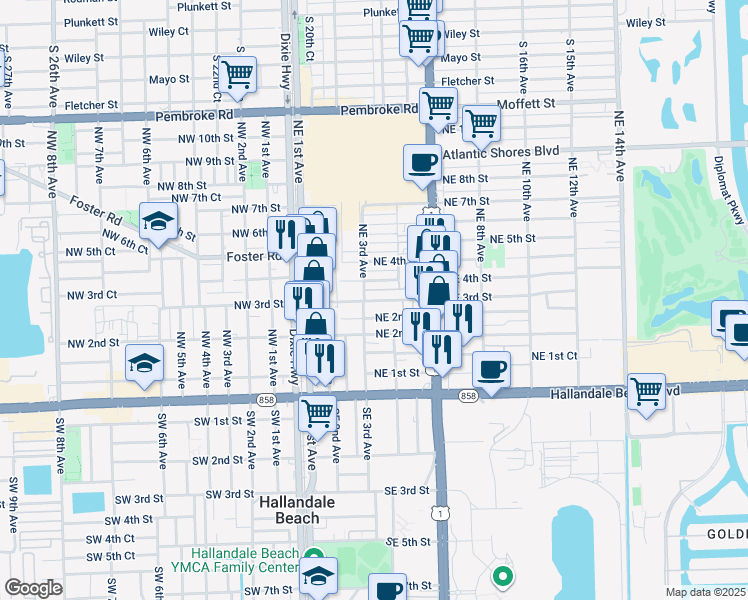 map of restaurants, bars, coffee shops, grocery stores, and more near 316 Northeast 3rd Street in Hallandale Beach