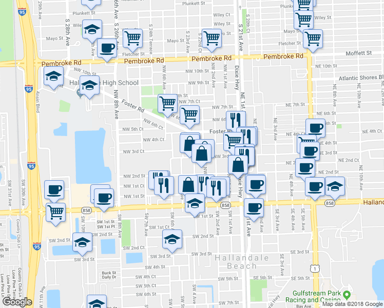 map of restaurants, bars, coffee shops, grocery stores, and more near 235 Northwest 4th Avenue in Hallandale Beach