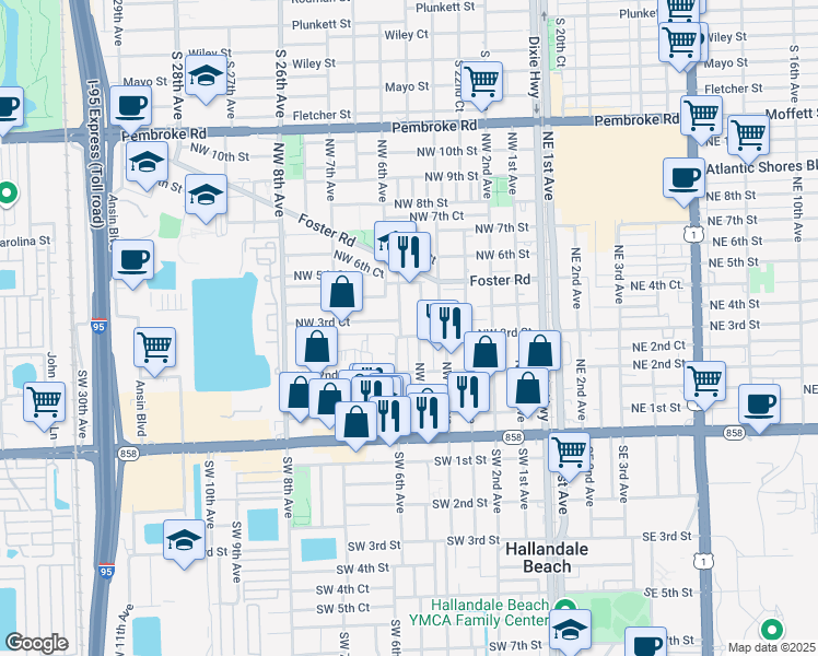 map of restaurants, bars, coffee shops, grocery stores, and more near 300 Northwest 5th Terrace in Hallandale Beach