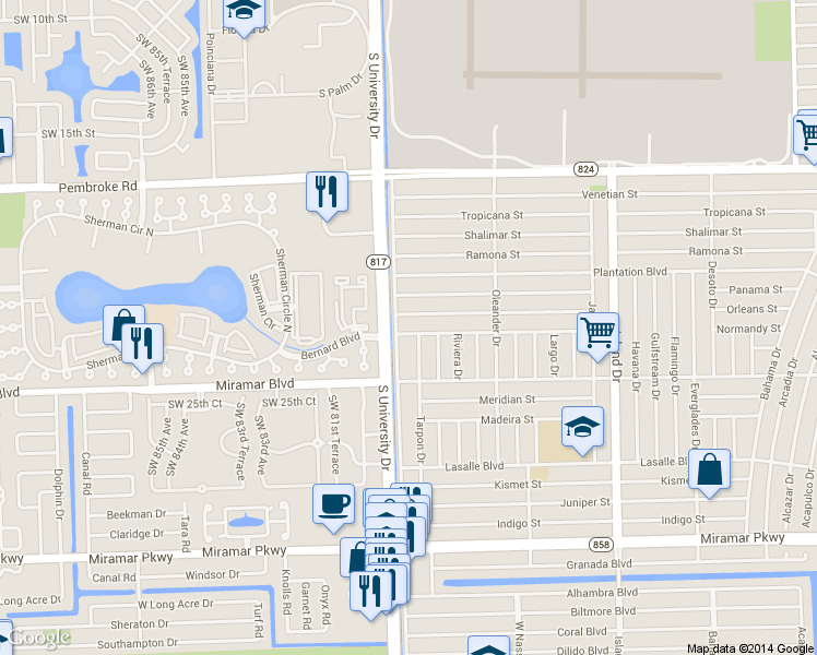 map of restaurants, bars, coffee shops, grocery stores, and more near 2311 Utopia Drive in Miramar