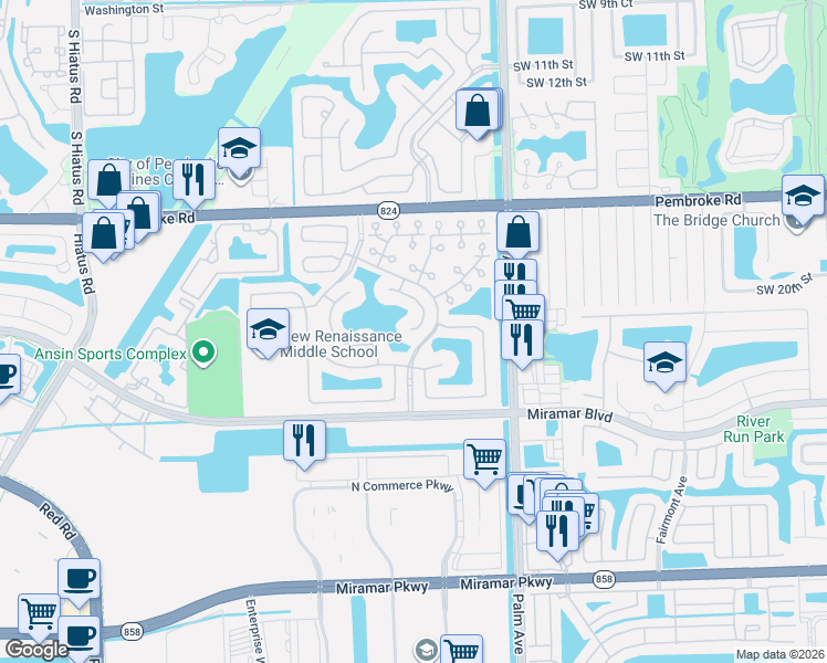 map of restaurants, bars, coffee shops, grocery stores, and more near 10203 Southwest 20th Court in Miramar