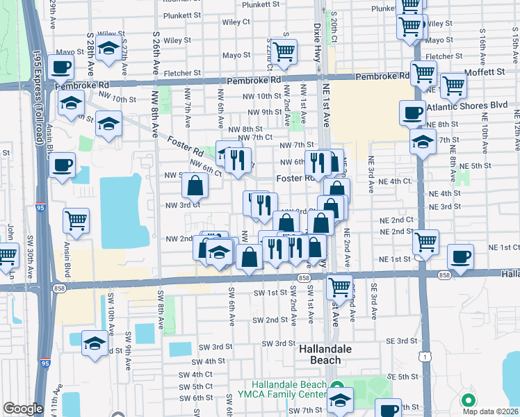 map of restaurants, bars, coffee shops, grocery stores, and more near 2 Northwest 4th Avenue in Hallandale Beach