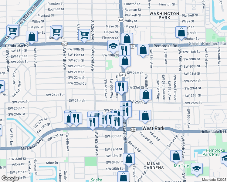 map of restaurants, bars, coffee shops, grocery stores, and more near 2316 Southwest 60th Terrace in Miramar