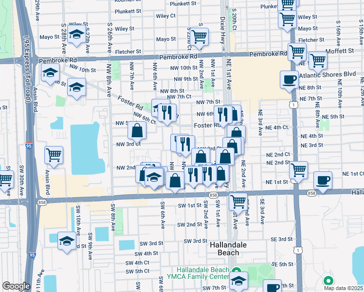 map of restaurants, bars, coffee shops, grocery stores, and more near 235 Northwest 4th Avenue in Hallandale Beach