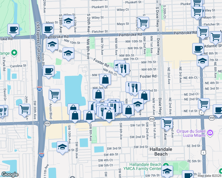 map of restaurants, bars, coffee shops, grocery stores, and more near 629 Northwest 3rd Court in Hallandale Beach