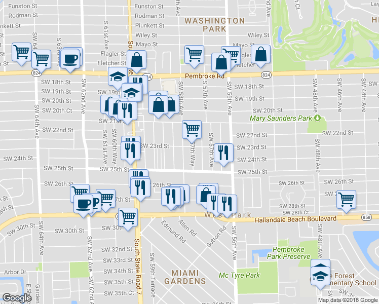 map of restaurants, bars, coffee shops, grocery stores, and more near 2322 Southwest 57th Way in West Park