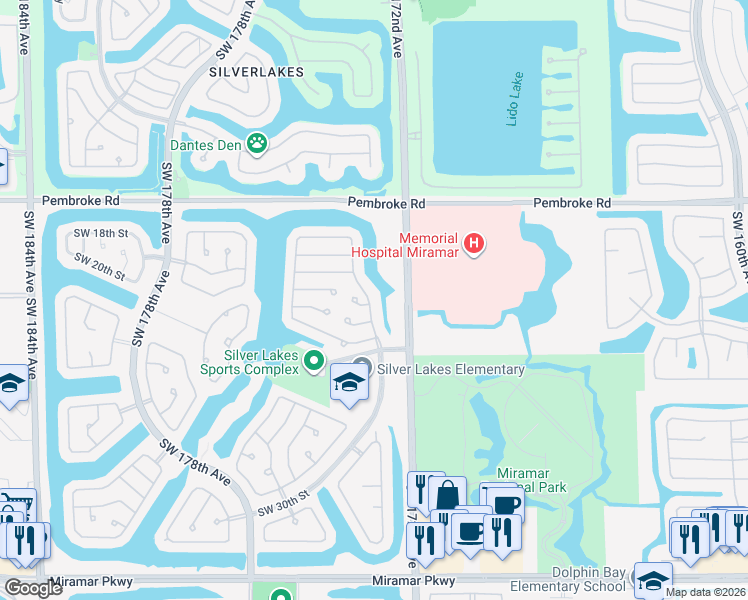 map of restaurants, bars, coffee shops, grocery stores, and more near 2103 Southwest 173rd Avenue in Miramar