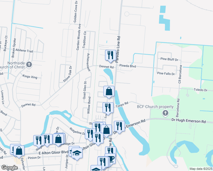 map of restaurants, bars, coffee shops, grocery stores, and more near 6006 Rabbit Run Drive in Brownsville