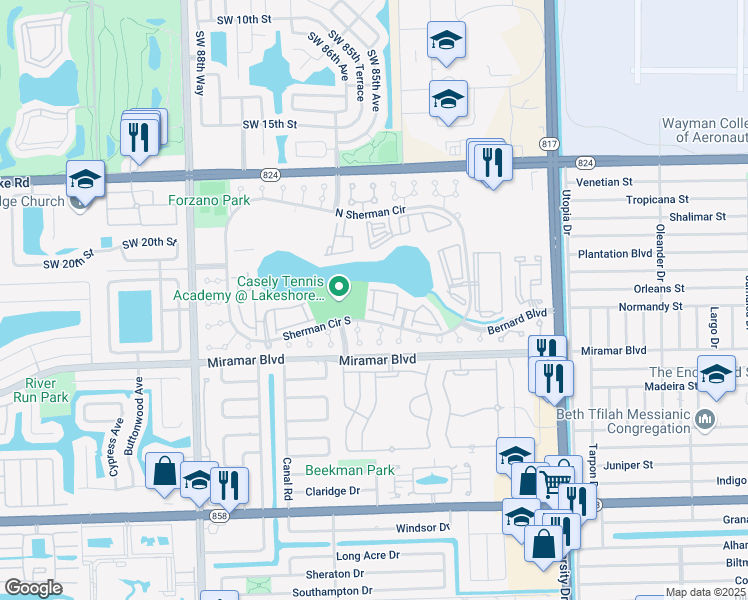 map of restaurants, bars, coffee shops, grocery stores, and more near 8499 Sherman Circle South in Miramar