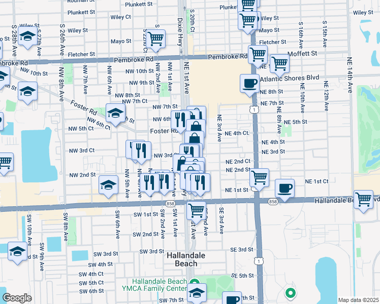 map of restaurants, bars, coffee shops, grocery stores, and more near 321 Northeast 1st Avenue in Hallandale Beach