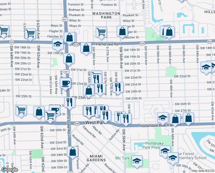 map of restaurants, bars, coffee shops, grocery stores, and more near 2316 Southwest 57th Avenue in West Park
