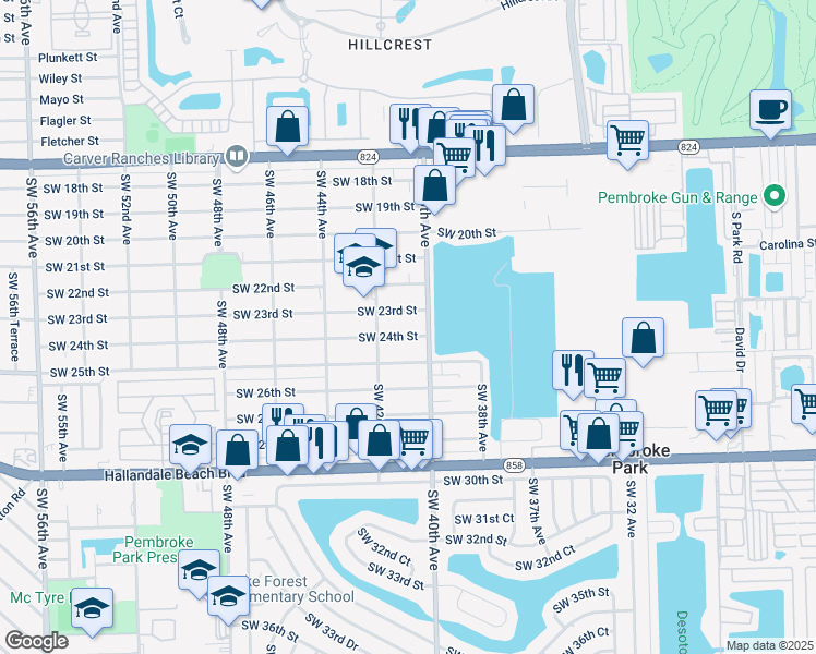 map of restaurants, bars, coffee shops, grocery stores, and more near 4016 Southwest 24th Street in West Park