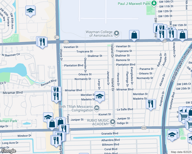 map of restaurants, bars, coffee shops, grocery stores, and more near 2310 Largo Drive in Miramar