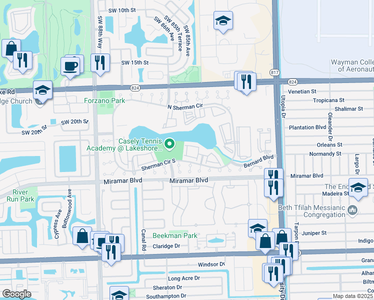 map of restaurants, bars, coffee shops, grocery stores, and more near 8499 Sherman Circle South in Miramar