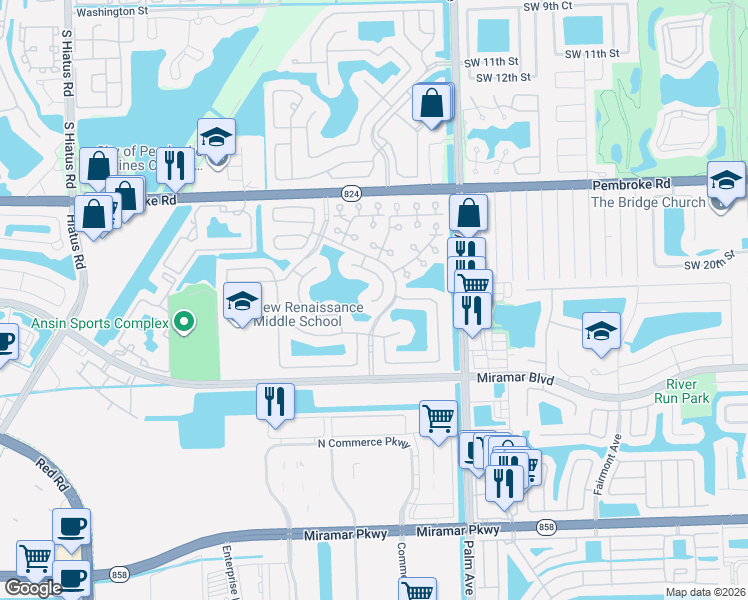 map of restaurants, bars, coffee shops, grocery stores, and more near 10203 Southwest 20th Court in Miramar
