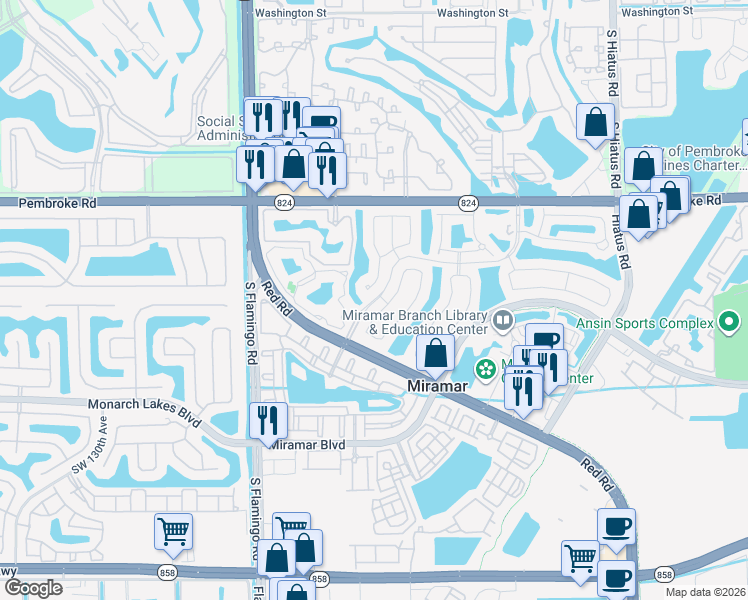 map of restaurants, bars, coffee shops, grocery stores, and more near 2011 Renaissance Boulevard in Miramar