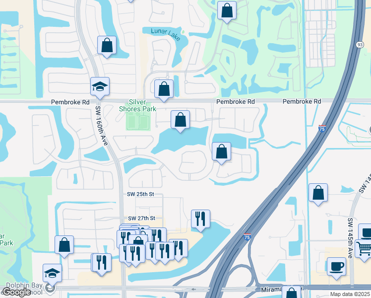 map of restaurants, bars, coffee shops, grocery stores, and more near 15361 Southwest 20th Street in Miramar