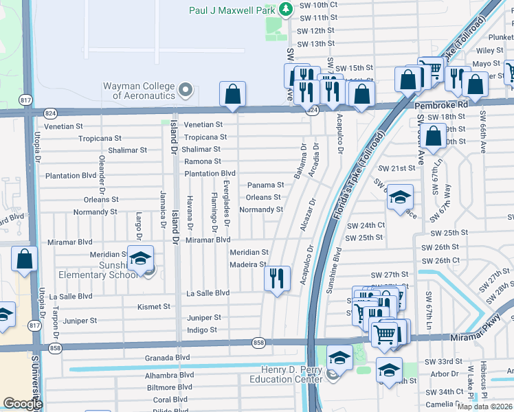 map of restaurants, bars, coffee shops, grocery stores, and more near 2311 Casablanca Drive in Miramar