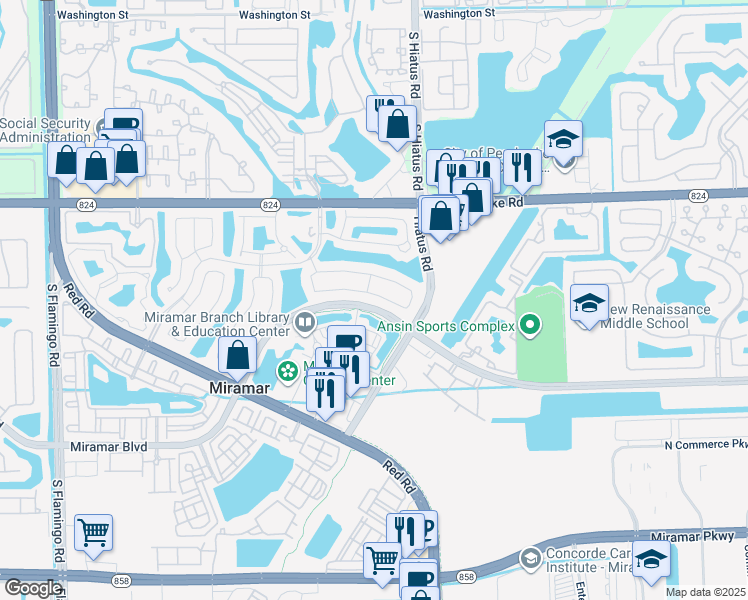 map of restaurants, bars, coffee shops, grocery stores, and more near 11330 Southwest 21st Street in Miramar
