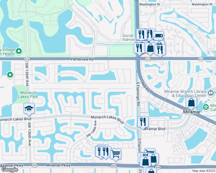map of restaurants, bars, coffee shops, grocery stores, and more near 12868 Southwest 21st Street in Miramar
