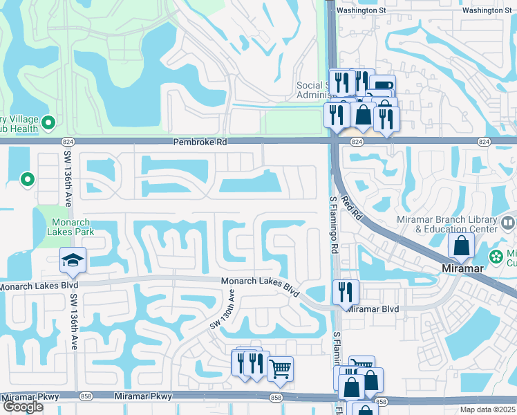 map of restaurants, bars, coffee shops, grocery stores, and more near 12868 Southwest 21st Street in Miramar