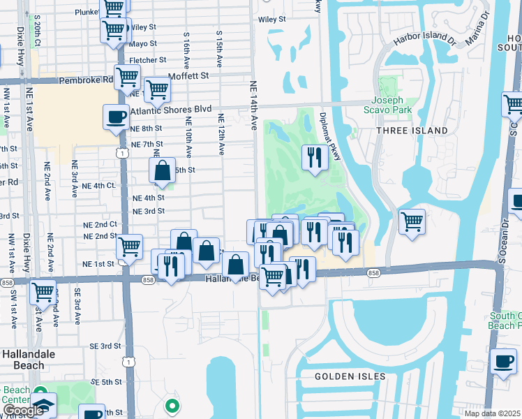 map of restaurants, bars, coffee shops, grocery stores, and more near 512 Northeast 14th Avenue in Hallandale Beach