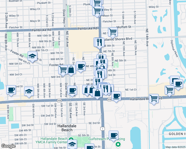 map of restaurants, bars, coffee shops, grocery stores, and more near 500 Northeast 3rd Street in Hallandale Beach
